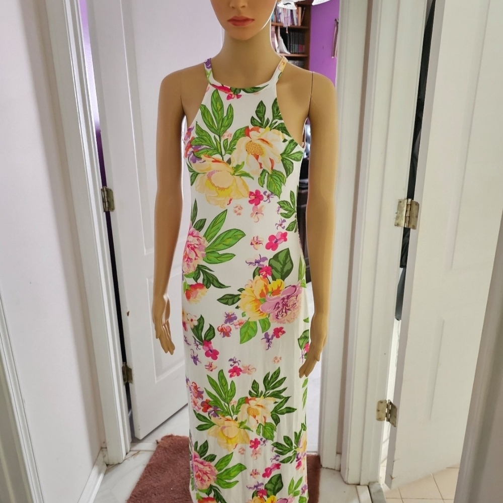 White Floral Halter Maxi Dress